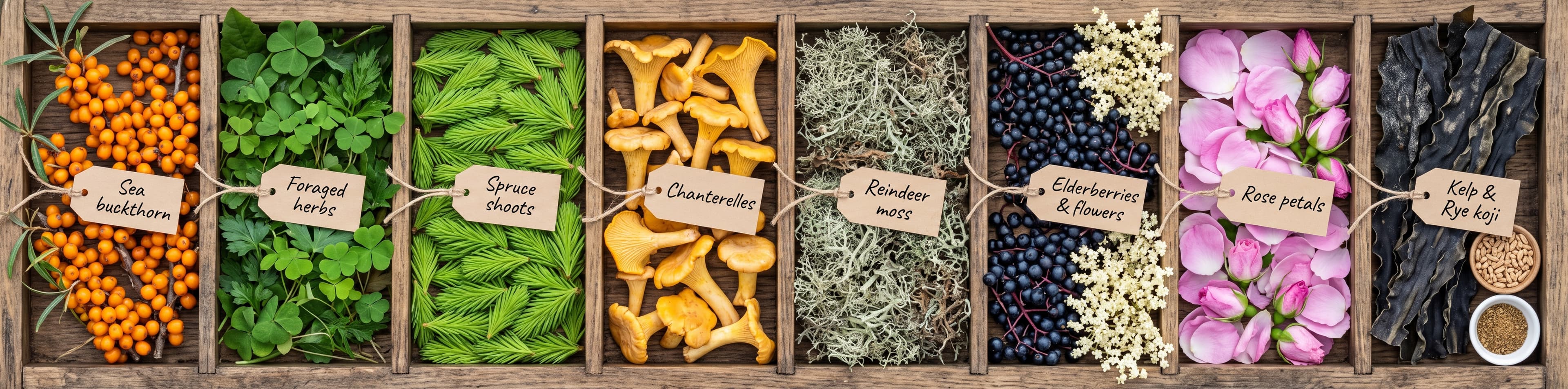Traditional foraging raw ingredients on a rustic grid layout